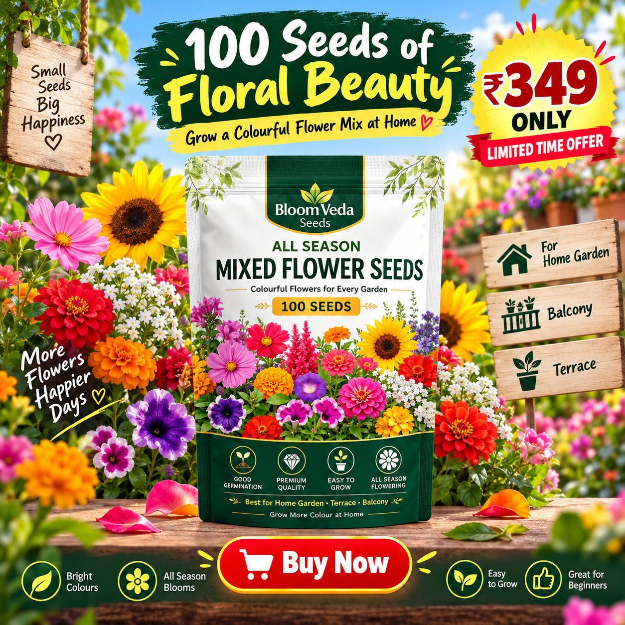 All Season Mixed Flower Seeds 100 Seeds – Best for Home Garden, Balcony & Terrace