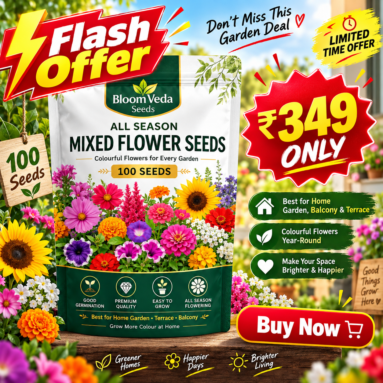 All Season Mixed Flower Seeds 100 Seeds – Best for Home Garden, Balcony & Terrace