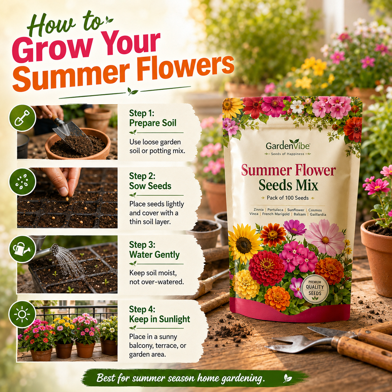 Summer Flower Seeds Mix – 100 Seeds Pack for Balcony, Terrace & Home Garden