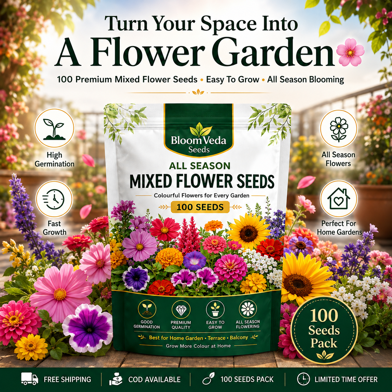 All Season Mixed Flower Seeds 100 Seeds – Best for Home Garden, Balcony & Terrace