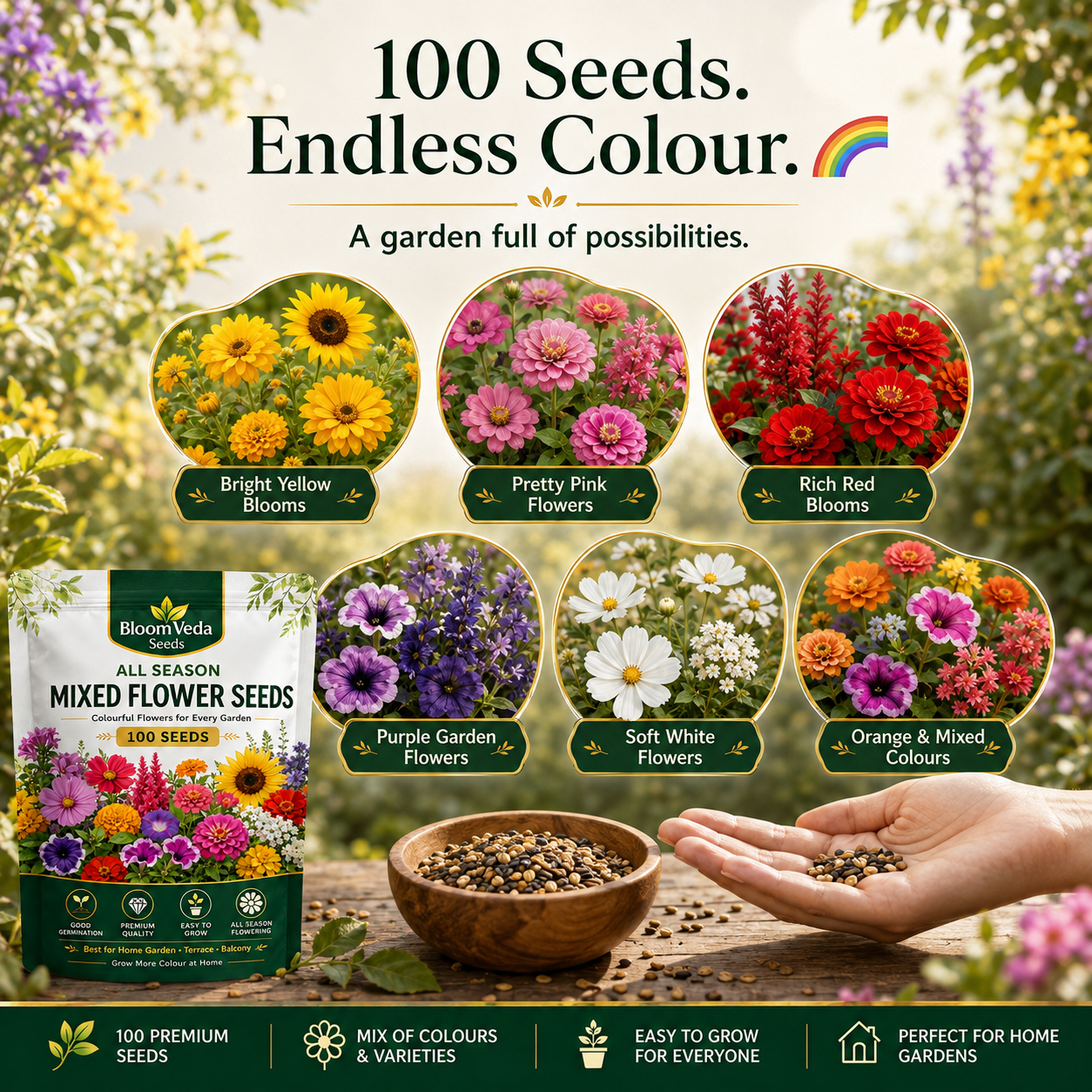 All Season Mixed Flower Seeds 100 Seeds – Best for Home Garden, Balcony & Terrace