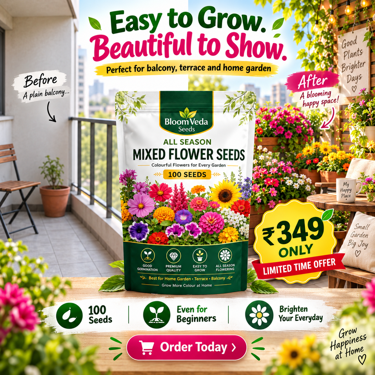 All Season Mixed Flower Seeds 100 Seeds – Best for Home Garden, Balcony & Terrace