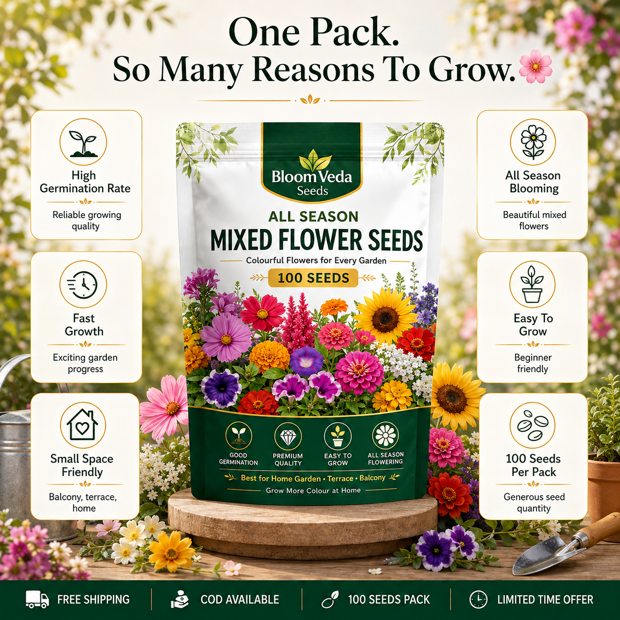 All Season Mixed Flower Seeds 100 Seeds – Best for Home Garden, Balcony & Terrace