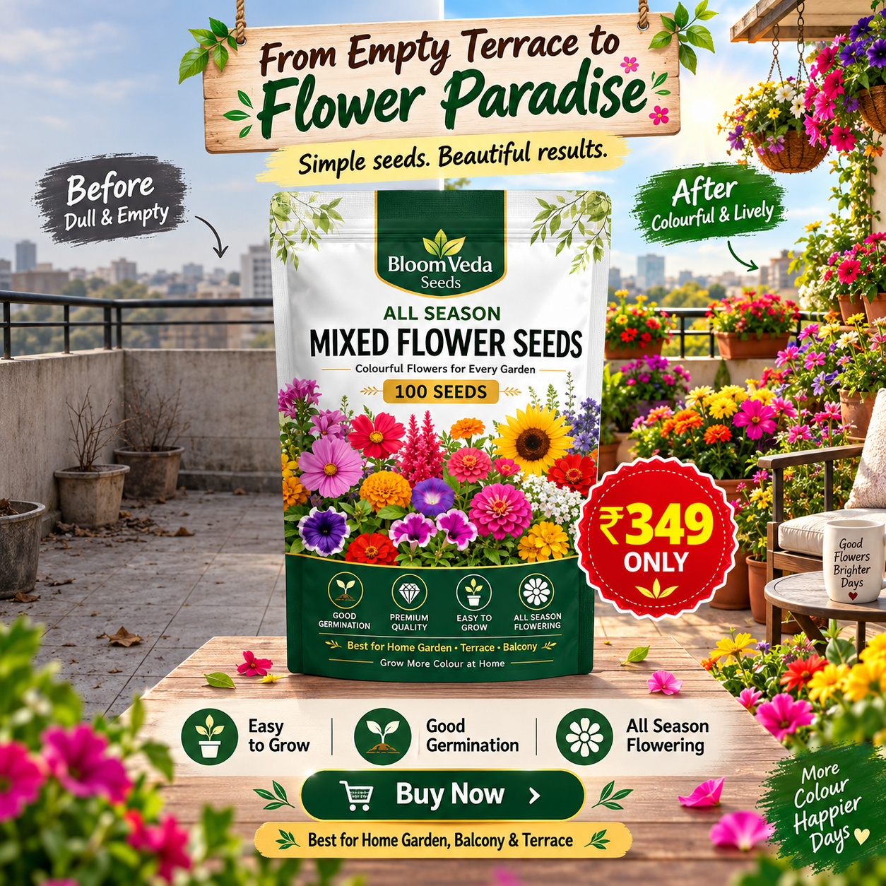 All Season Mixed Flower Seeds 100 Seeds – Best for Home Garden, Balcony & Terrace