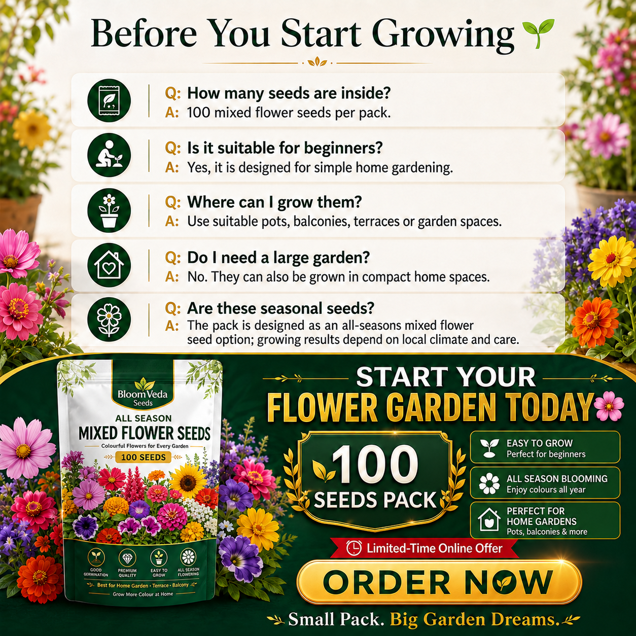 All Season Mixed Flower Seeds 100 Seeds – Best for Home Garden, Balcony & Terrace