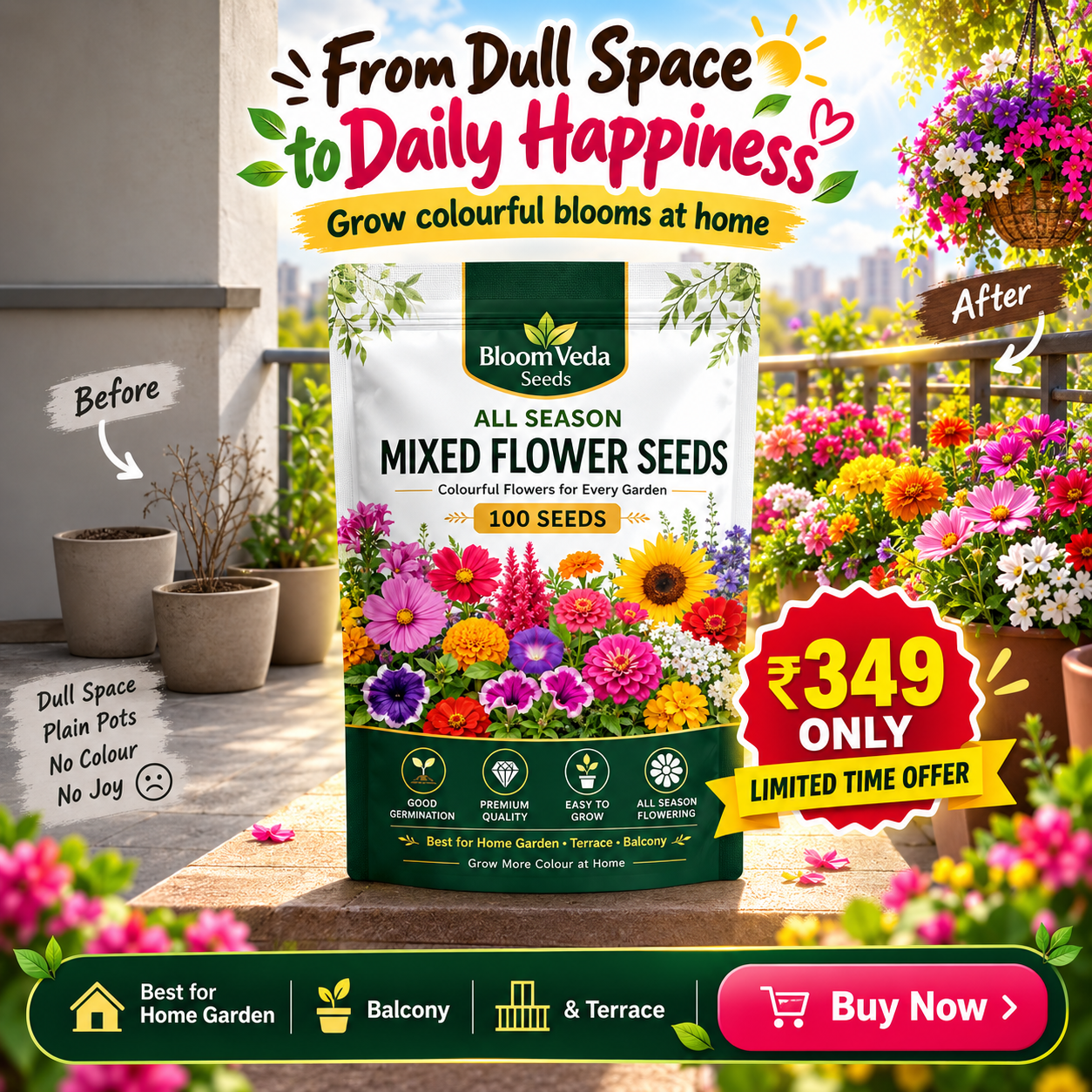 All Season Mixed Flower Seeds 100 Seeds – Best for Home Garden, Balcony & Terrace