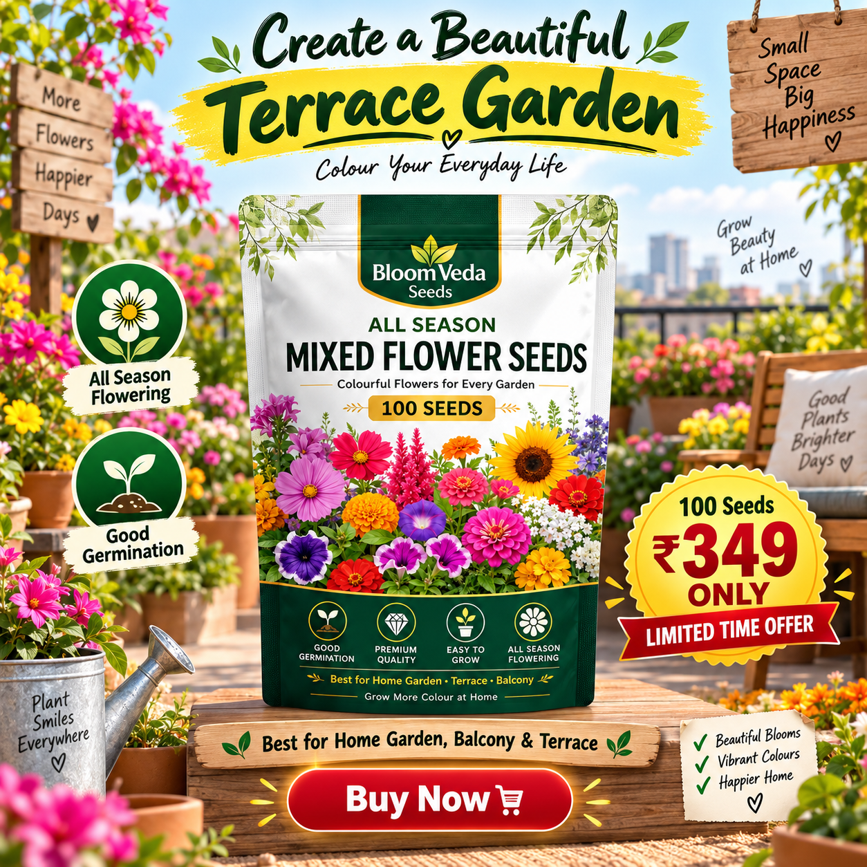 All Season Mixed Flower Seeds 100 Seeds – Best for Home Garden, Balcony & Terrace