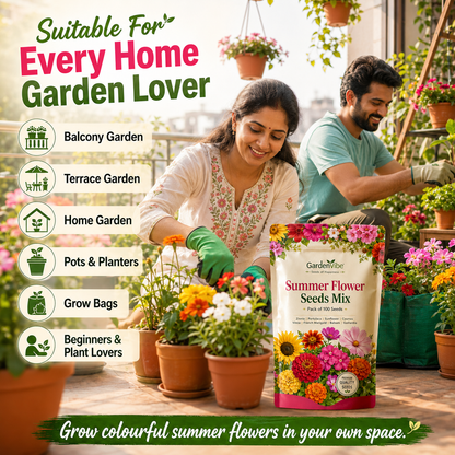 Summer Flower Seeds Mix – 100 Seeds Pack for Balcony, Terrace & Home Garden
